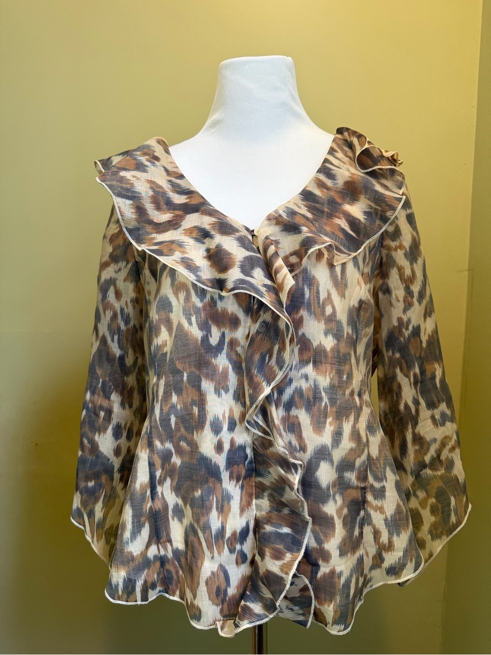 Vintage August Silk Brown Leopard Print Ruffle Blouse size L airy poetic light